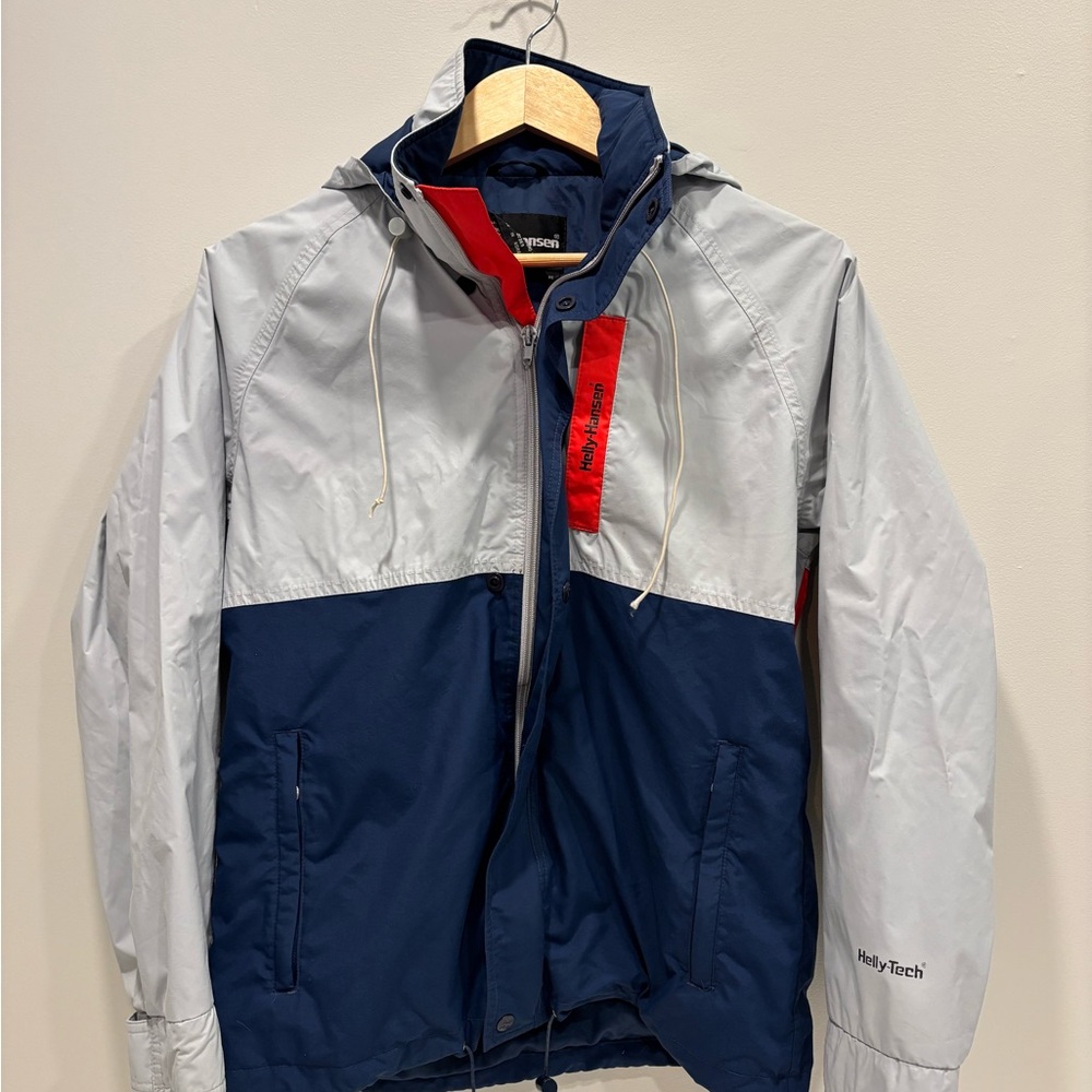Vintage Helly Hansen Men's Navy, Light Gray & Red Colorblock Hooded Rain Jacket